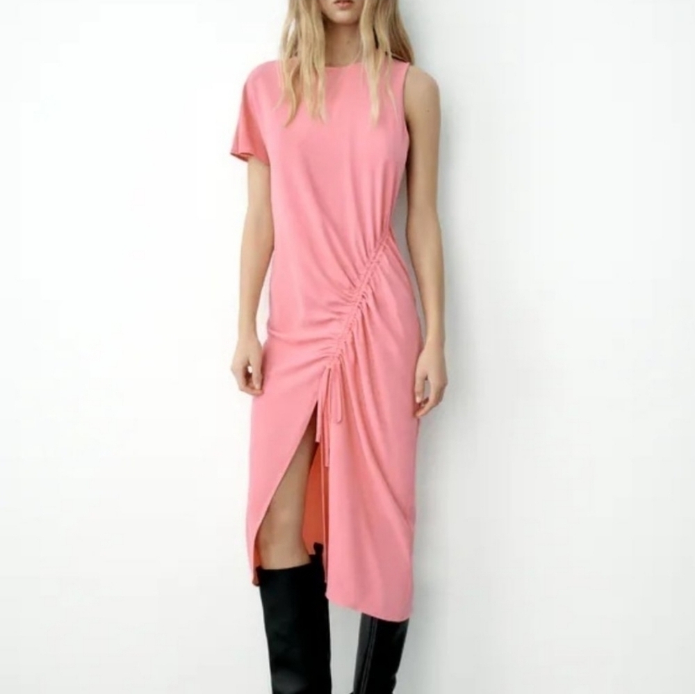 ZARA Pink Draped Asymmetric Dress Medium Summer Dress Casual Ecclectic